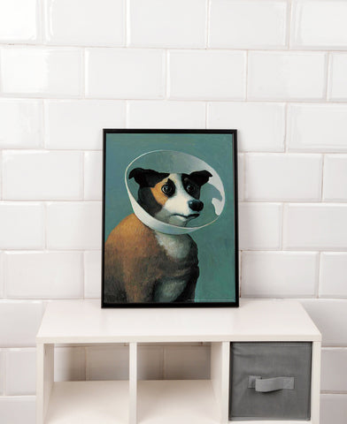 Dog with Cone by Michael Sowa, Image size is 17" x 24", Vintage Art Print, Poster